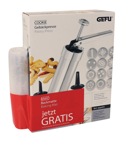 -GEFU- Big Sale "COOKIE" Gebäckpresse +Backmatte Silikon, 20 Motiv-Lochscheiben und 4 Spritztüllen,