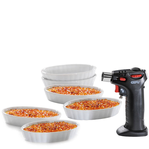 -GEFU- Big Sale "CARMELLO" Crème Brûlée-Set, 7-tlg. Flammbierbrenner, 6 Porzellanschälchen